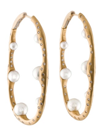 Mikimoto 18K Pearl & Diamond Hoop Earrings