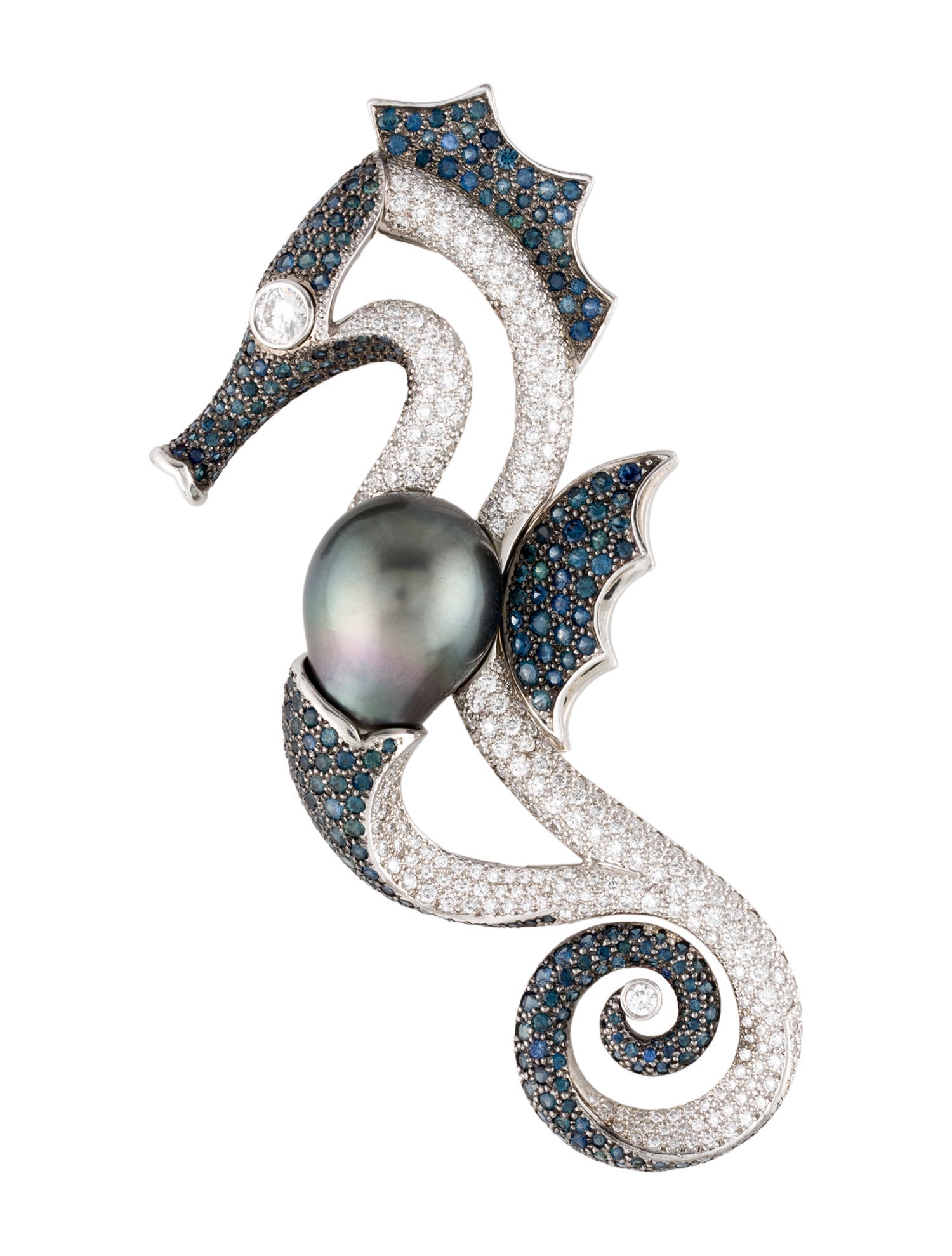 Mikimoto Platinum Pearl, 3.84ctw Diamond & Sapphire Seahorse Brooch Pin