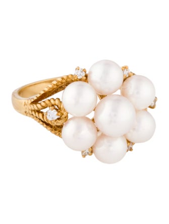Mikimoto 18K Pearl & Diamond Cluster Cocktail Ring