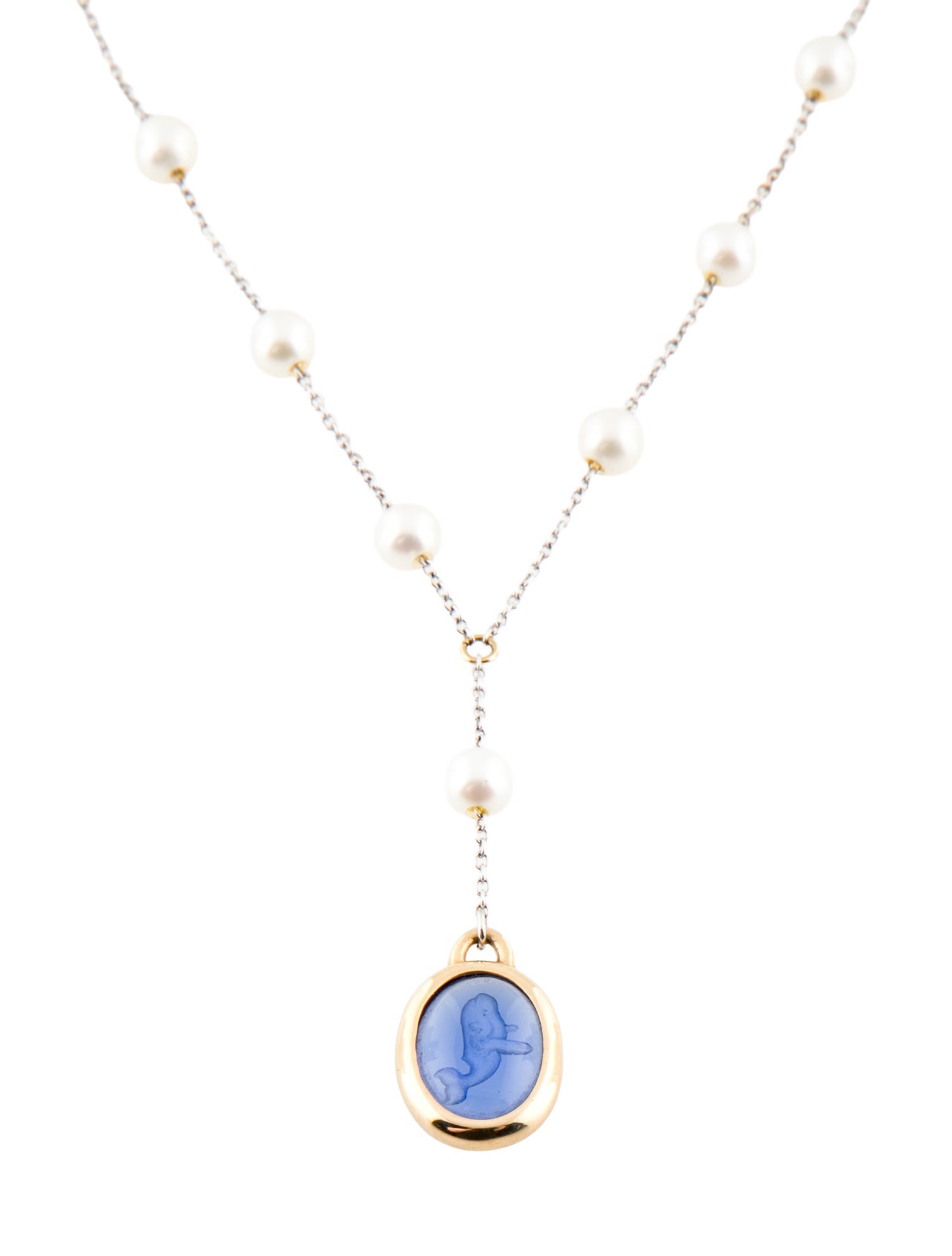 Mikimoto 18K Cultured Pearl Whale Intaglio Pendant Necklace