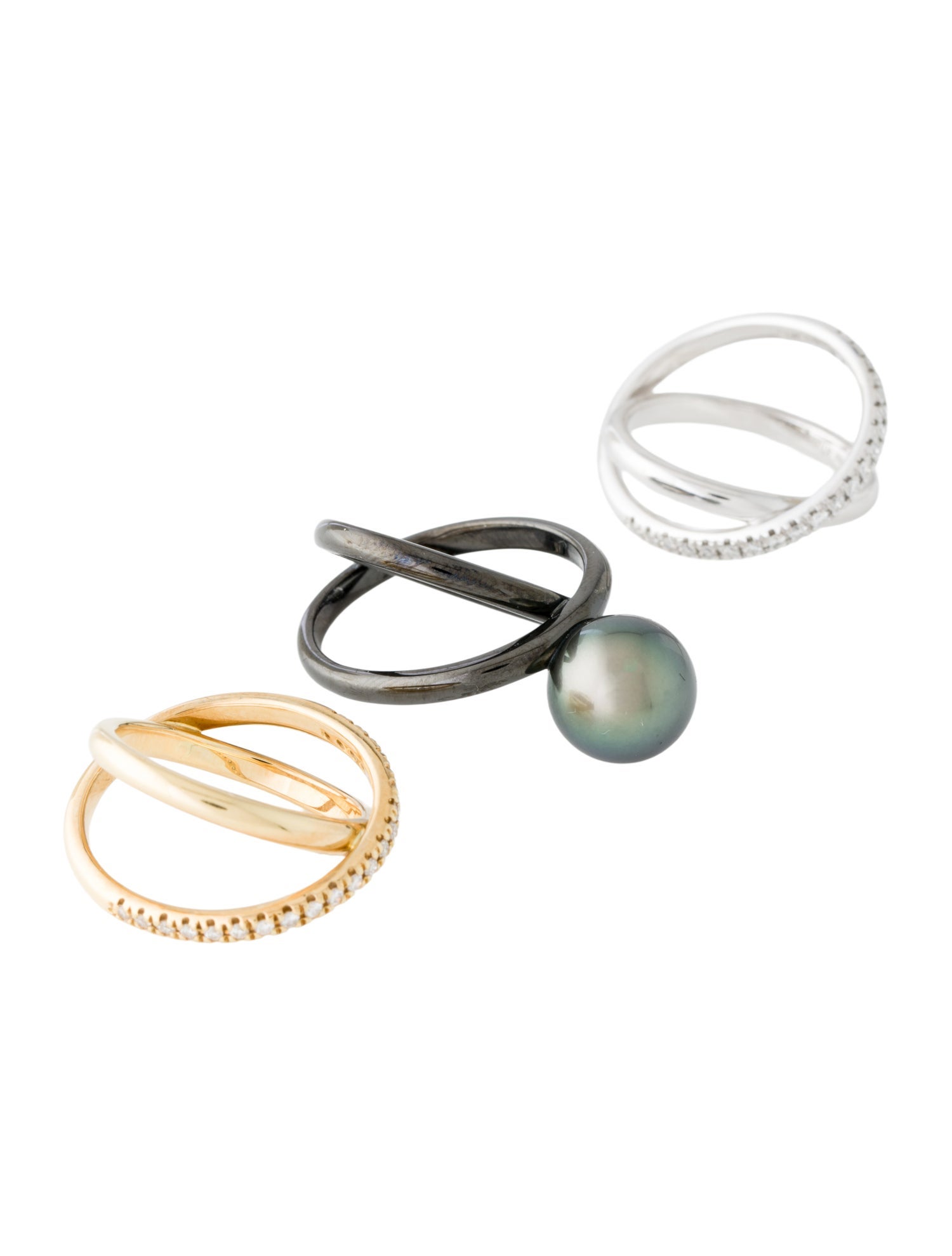 Mikimoto 18K Pearl & Diamond Interchangeable Crossing Band Ring Set