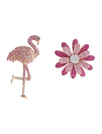 Mio Harutaka 18K Sapphire, Ruby & Diamond Mismatched Flamingo & Daisy Earrings