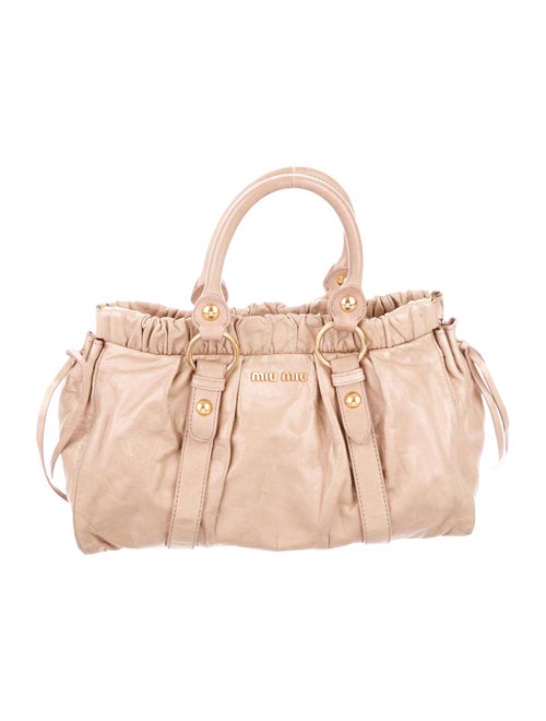 Miu Miu Pleated Leather Satchel Beige