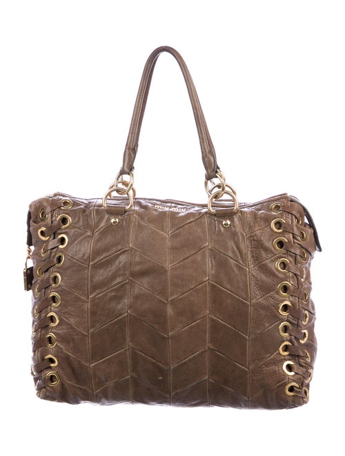 Miu Miu Quilted Leather Grommet Tote Brown
