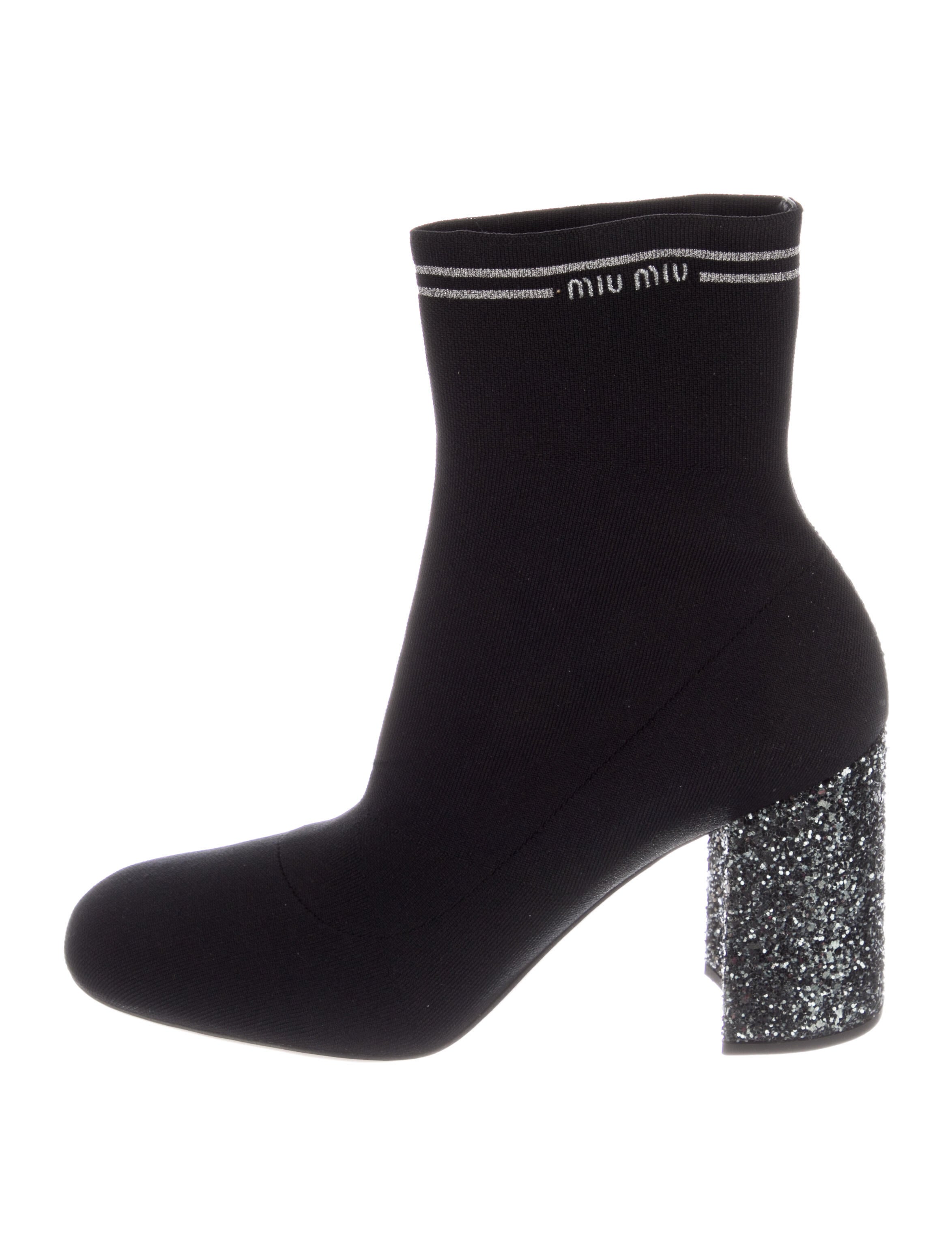 Miu Miu Printed Glitter Accents Sock Boots Black Boots, Shoes