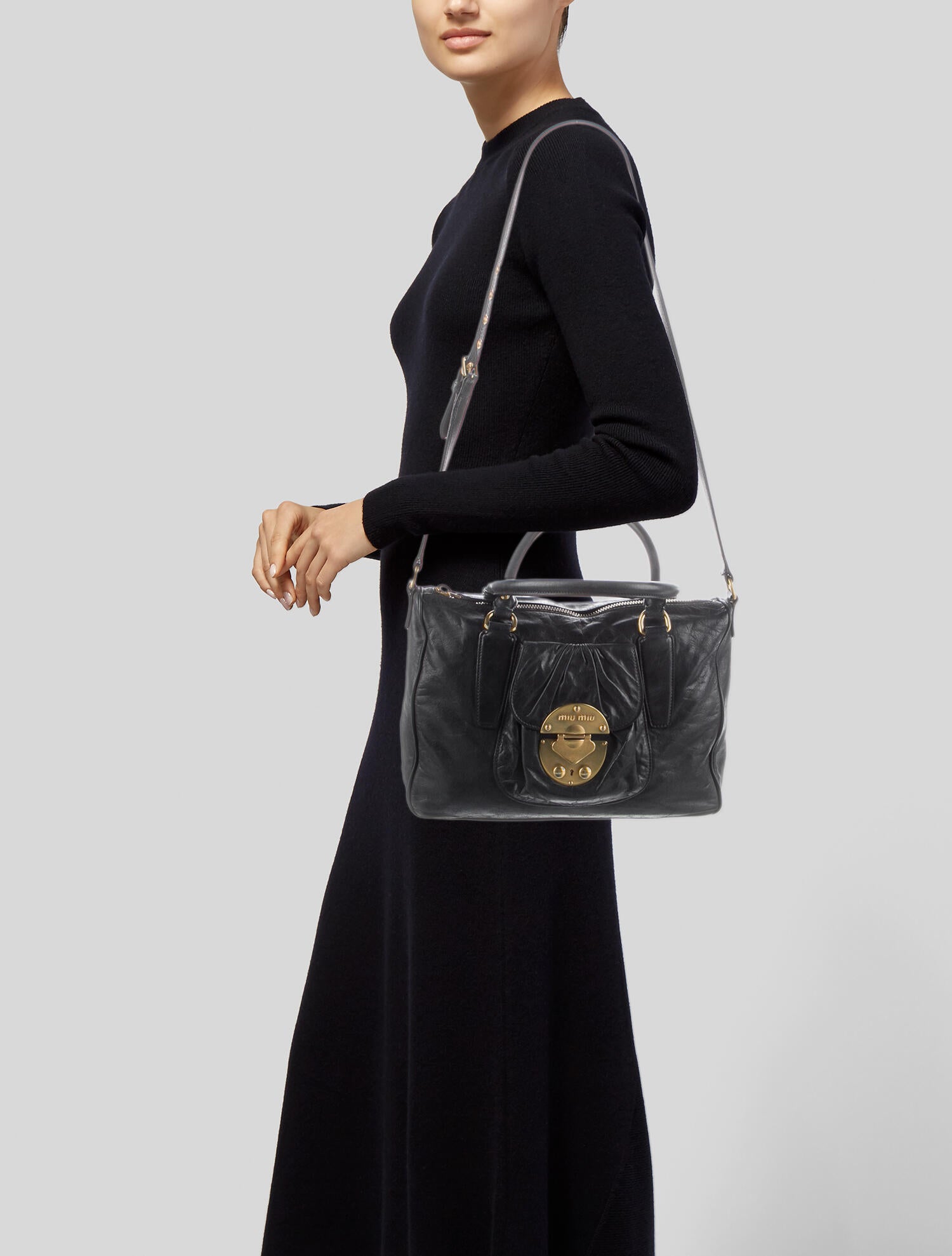 Miu Miu Solid Leather Shoulder Bag Black Shoulder Bags, Handbags