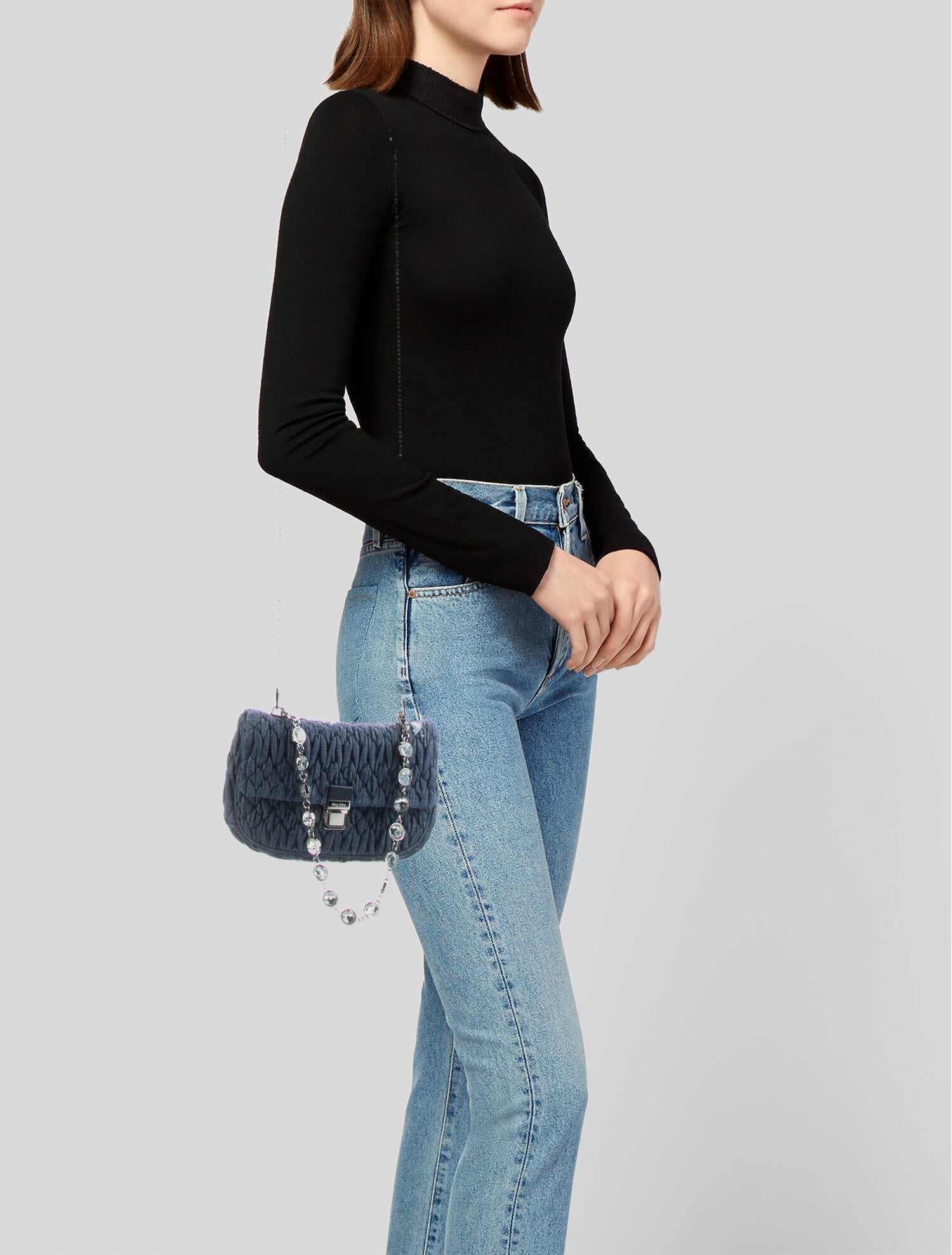 Miu Miu Denim Crystal Embellished Shoulder Bag - Blue Shoulder