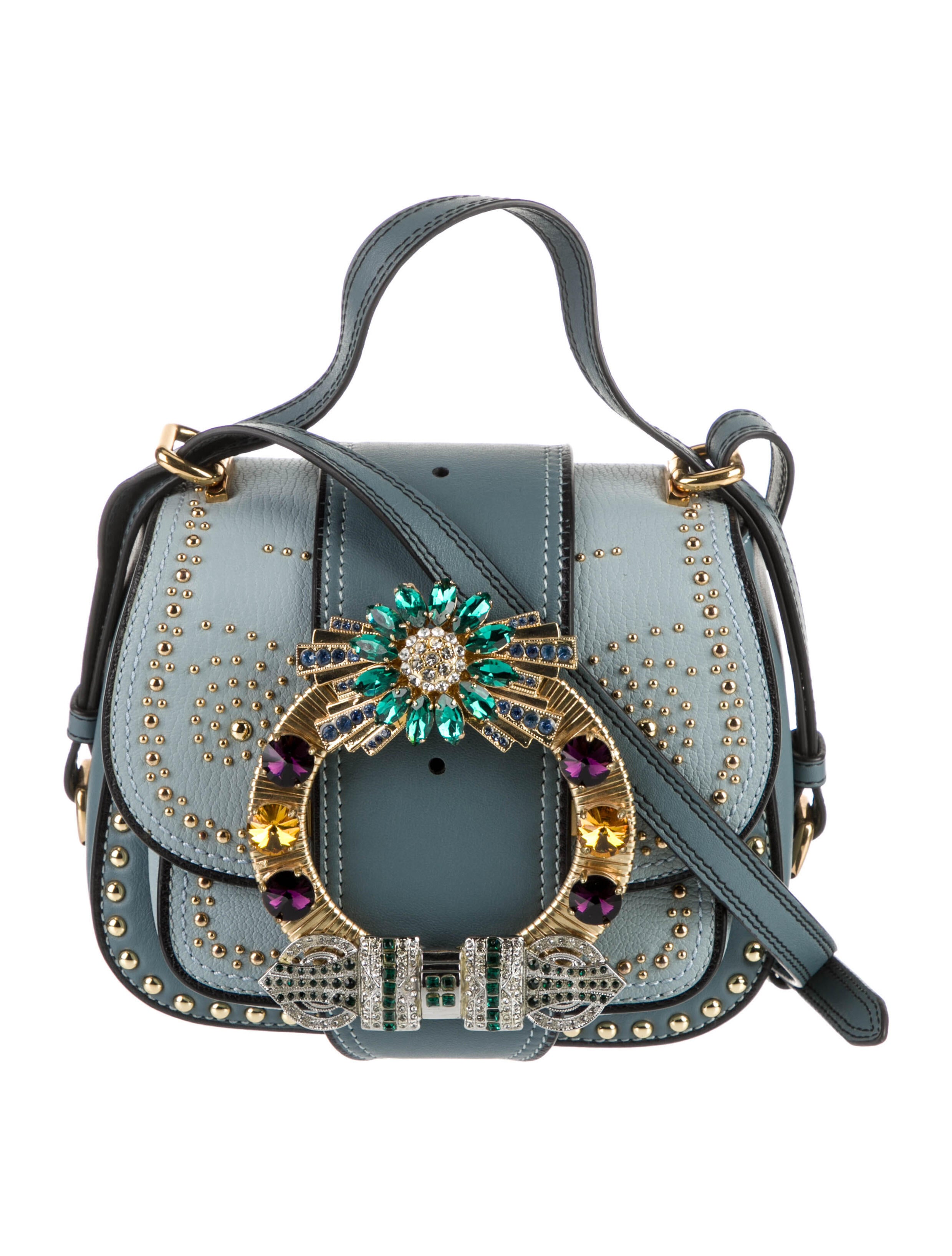 Miu Miu Goatskin Embellished Crossbody Bag Blue Crossbody Bags