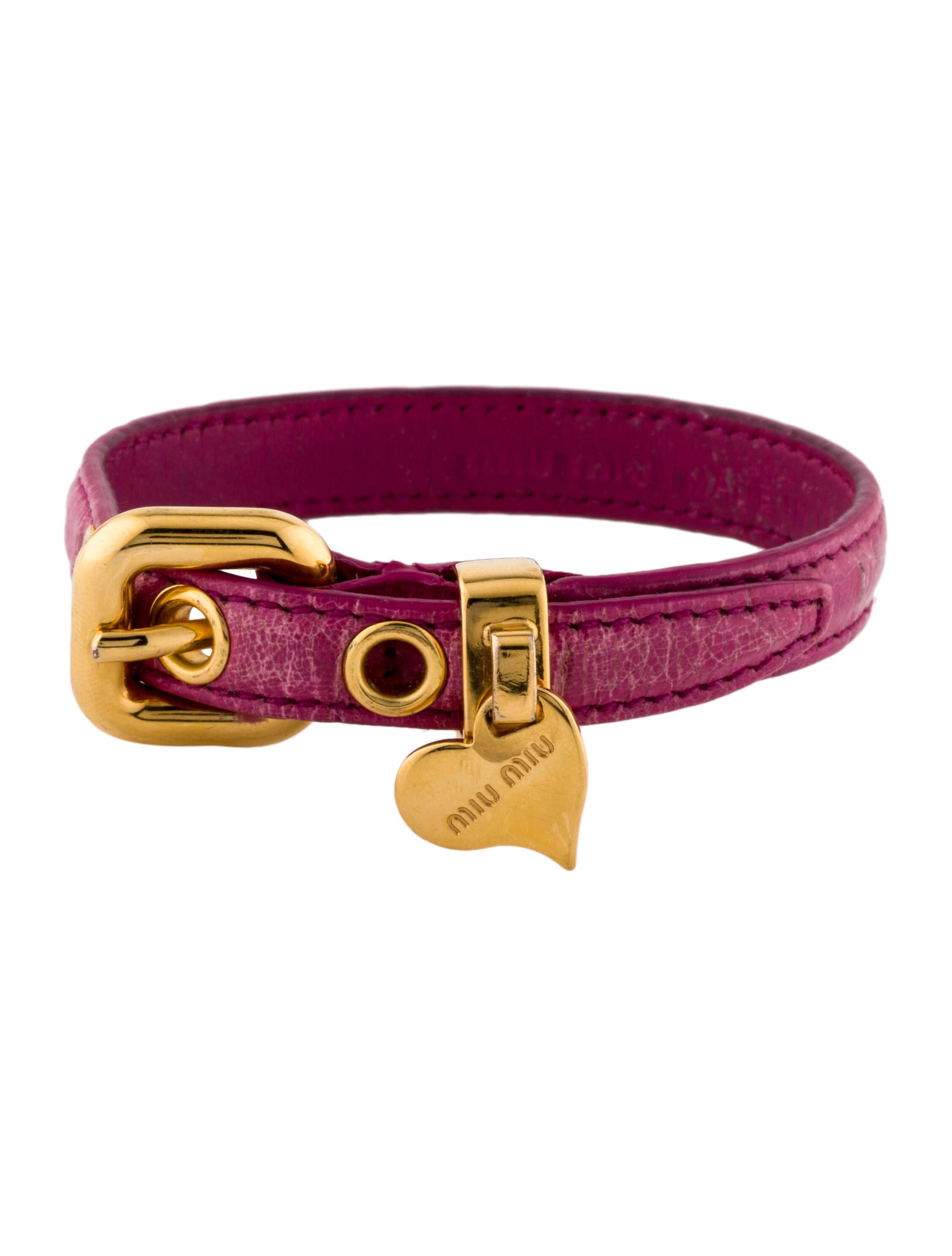 Miu Miu Leather Heart Charm Bracelet - Pink, Gold-Tone Metal