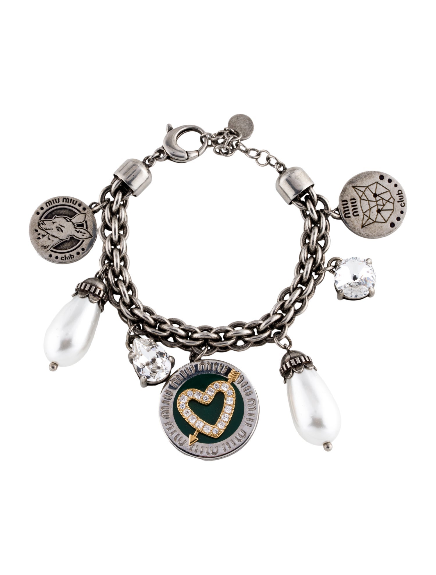 Miu Miu Crystal & Faux Pearl Charm Bracelet
