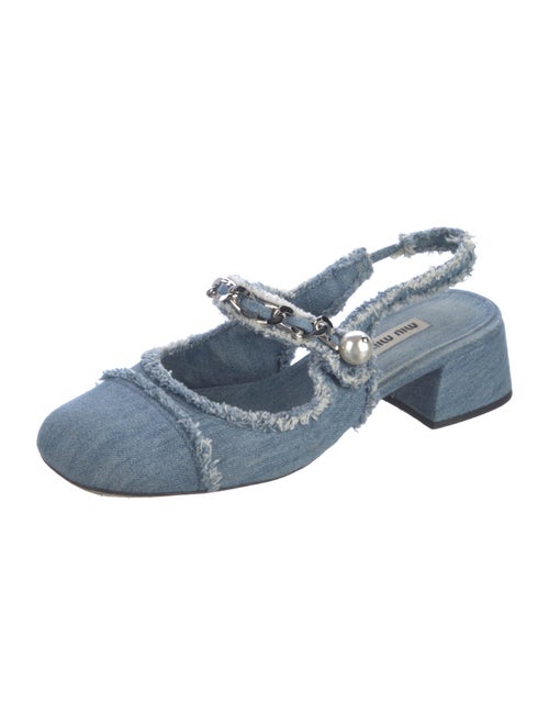 Miu Miu Faux Pearl Accents Denim Slingback Pumps
