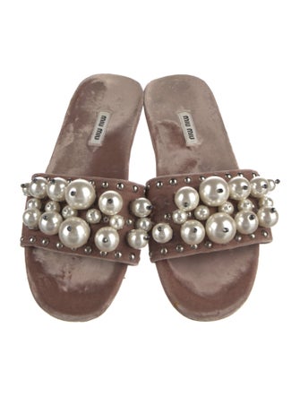 Miu Miu Faux Pearl Accents Velvet Slides
