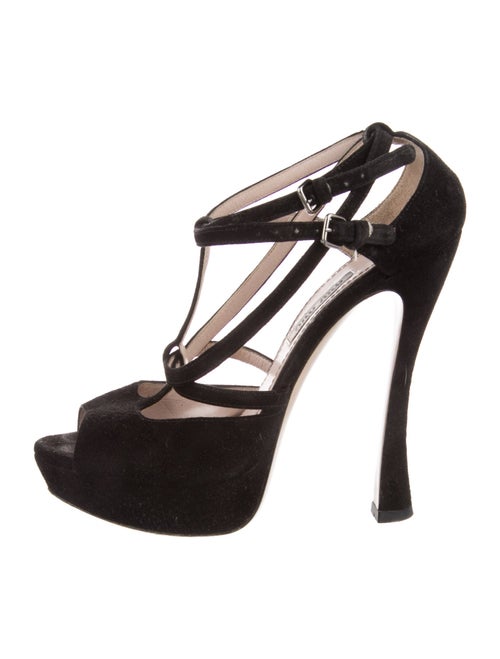 Miu Miu Suede Cutout Accent T-Strap Pumps