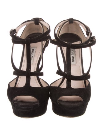 Miu Miu Suede Cutout Accent T-Strap Pumps