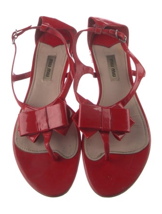 Miu Miu Patent Leather Bow Accents T-Strap Sandals