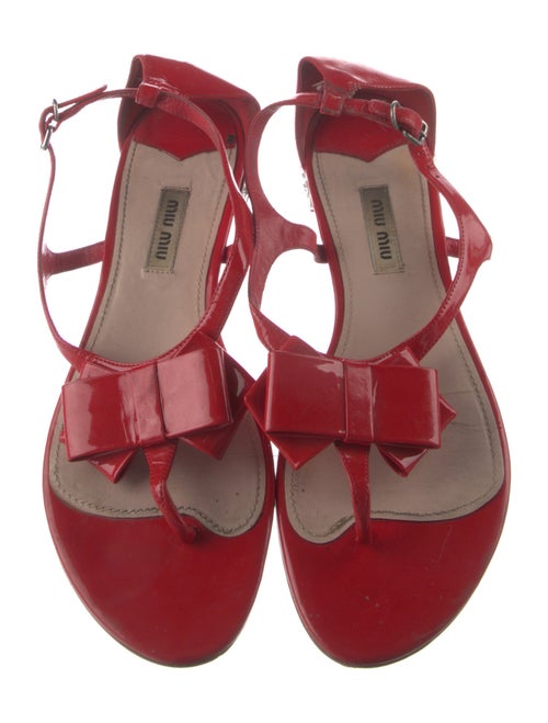 Miu Miu Patent Leather Bow Accents T-Strap Sandals