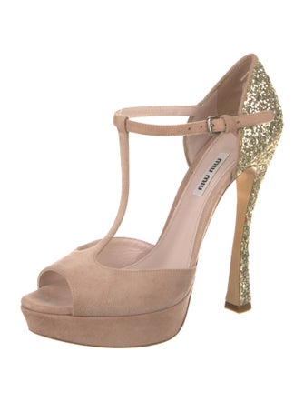 Miu Miu Suede Glitter Accents T-Strap Pumps
