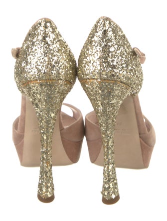 Miu Miu Suede Glitter Accents T-Strap Pumps
