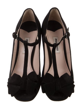 Miu Miu Suede Bow Accents T-Strap Sandals