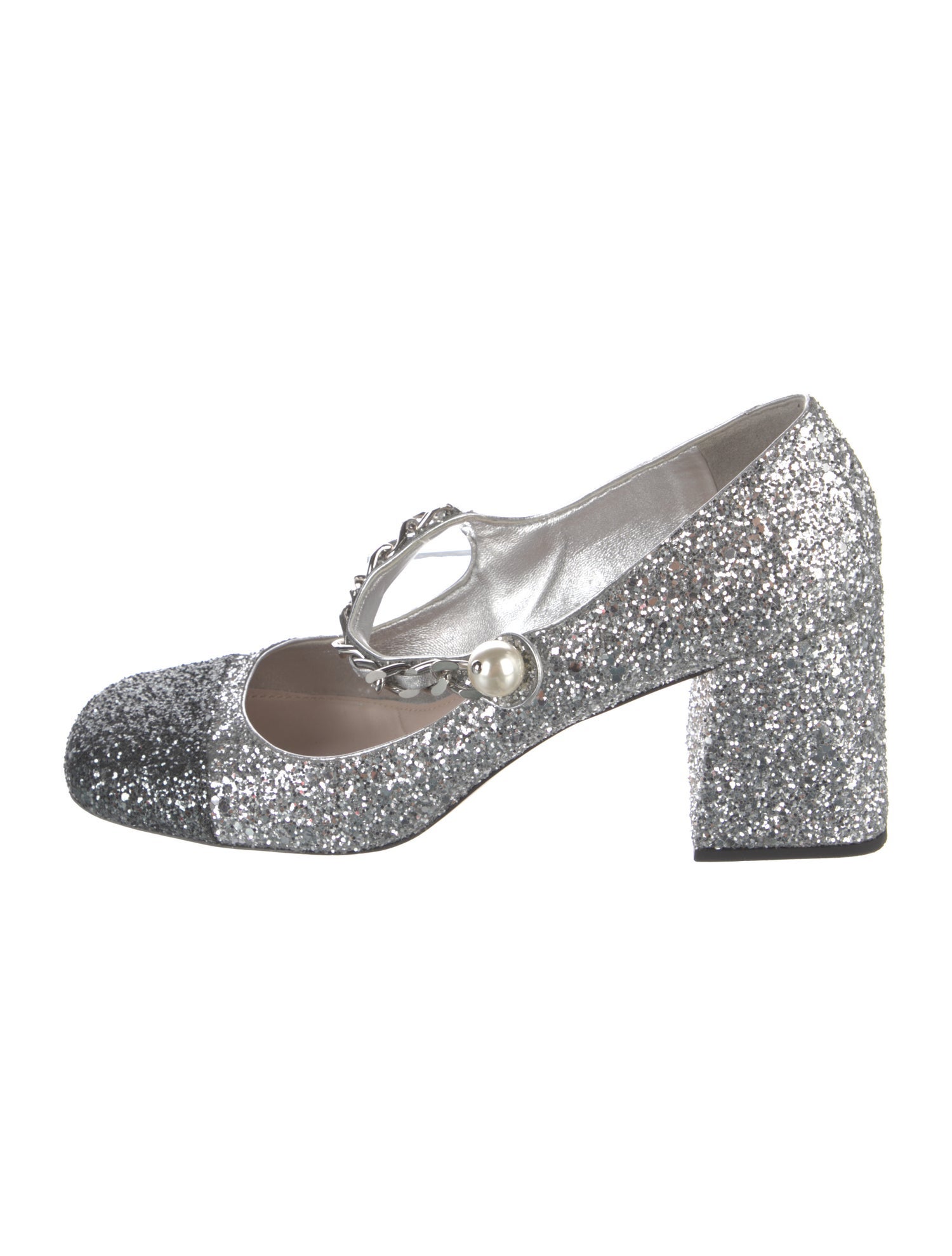 Miu Miu Glitter Chain-Link Accents T-Strap Pumps