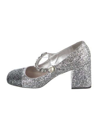 Miu Miu Glitter Chain-Link Accents T-Strap Pumps