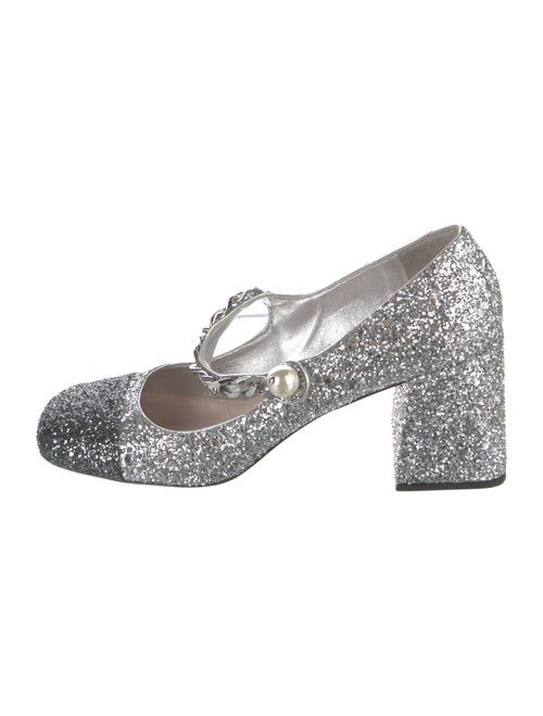 Miu Miu Glitter Chain-Link Accents T-Strap Pumps