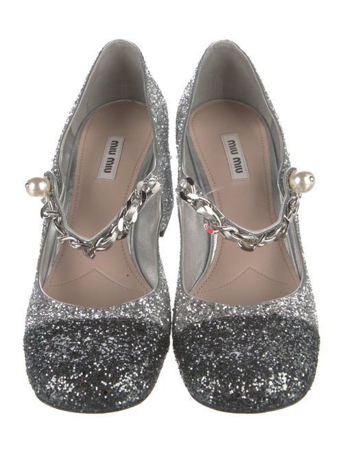 Miu Miu Glitter Chain-Link Accents T-Strap Pumps