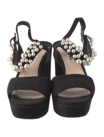 Miu Miu Faux Pearl Accents Satin Slingback Sandals