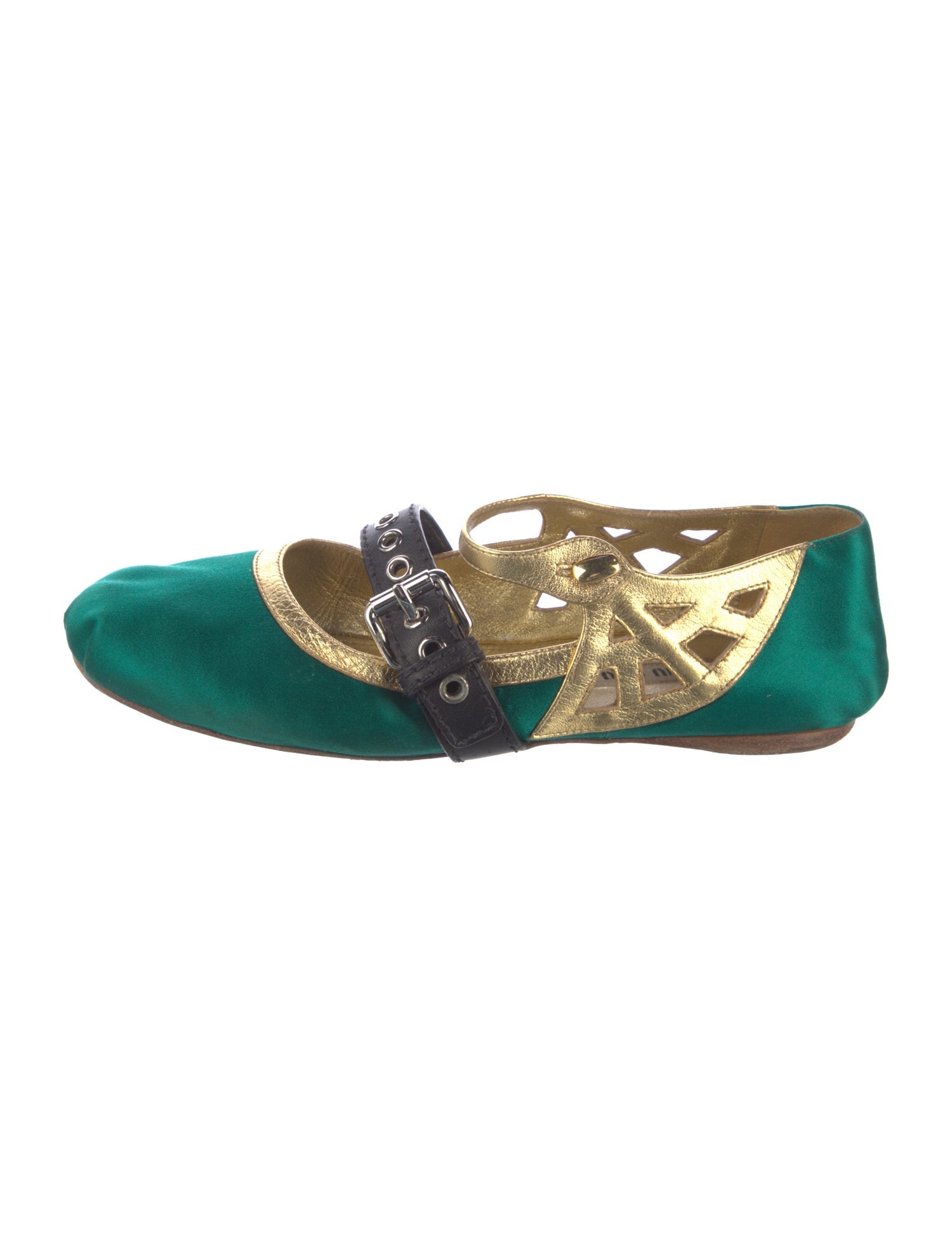 Miu Miu Satin Leather Trim Embellishment Mary Jane Flats