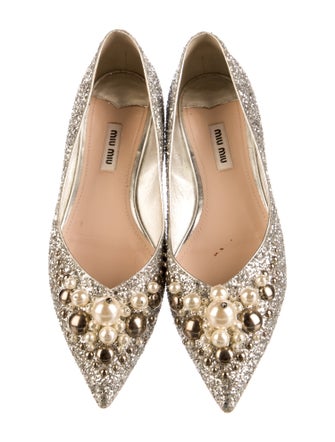 Miu Miu Faux Pearl Accents Glitter Flats