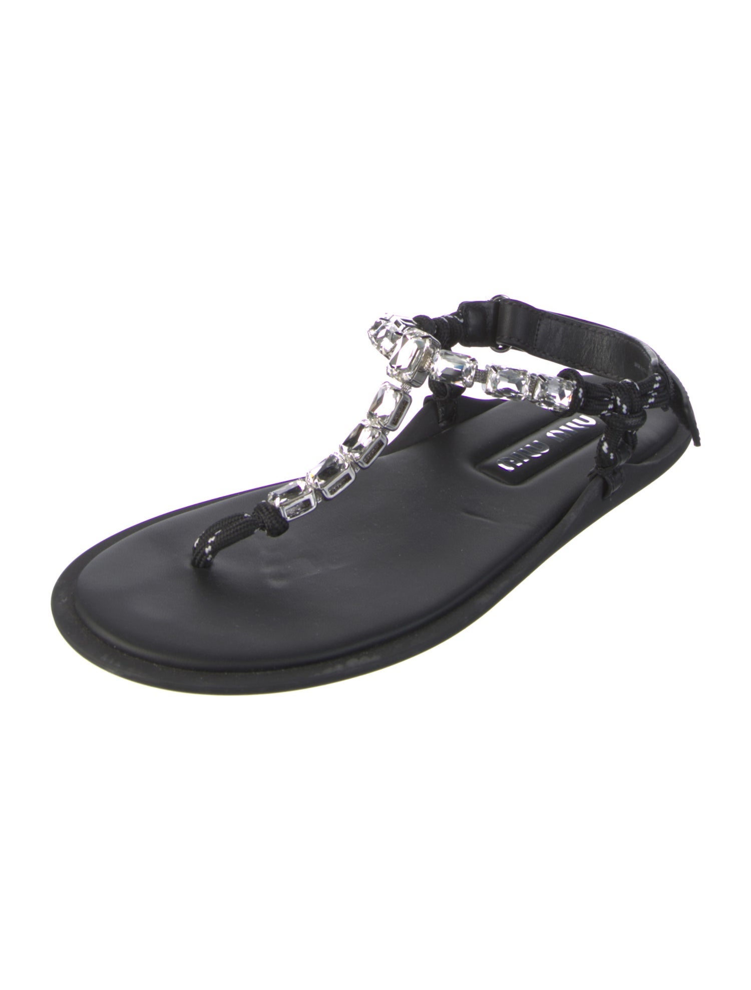 Miu Miu Leather Crystal Embellishments T-Strap Sandals