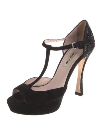 Miu Miu Suede Glitter Accents T-Strap Pumps