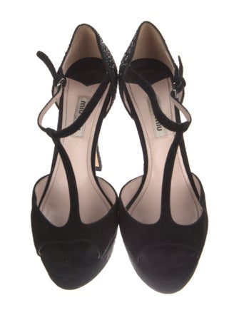 Miu Miu Suede Glitter Accents T-Strap Pumps