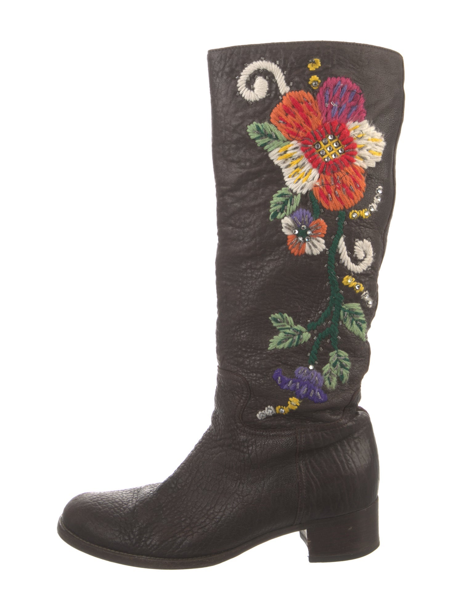 Miu Miu Leather Floral Print Riding Boots