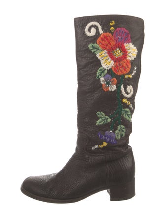 Miu Miu Leather Floral Print Riding Boots