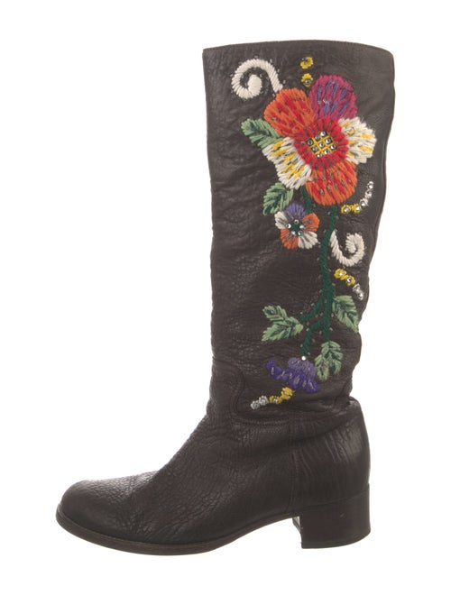 Miu Miu Leather Floral Print Riding Boots