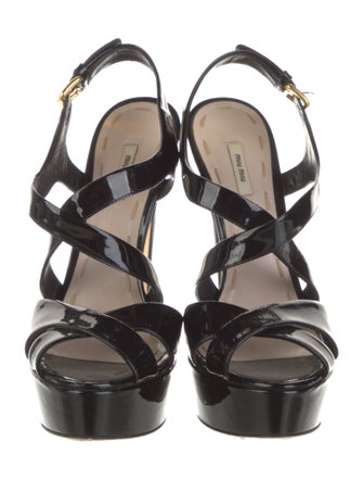 Miu Miu Patent Leather Leather Trim Embellishment Slingback Sandals