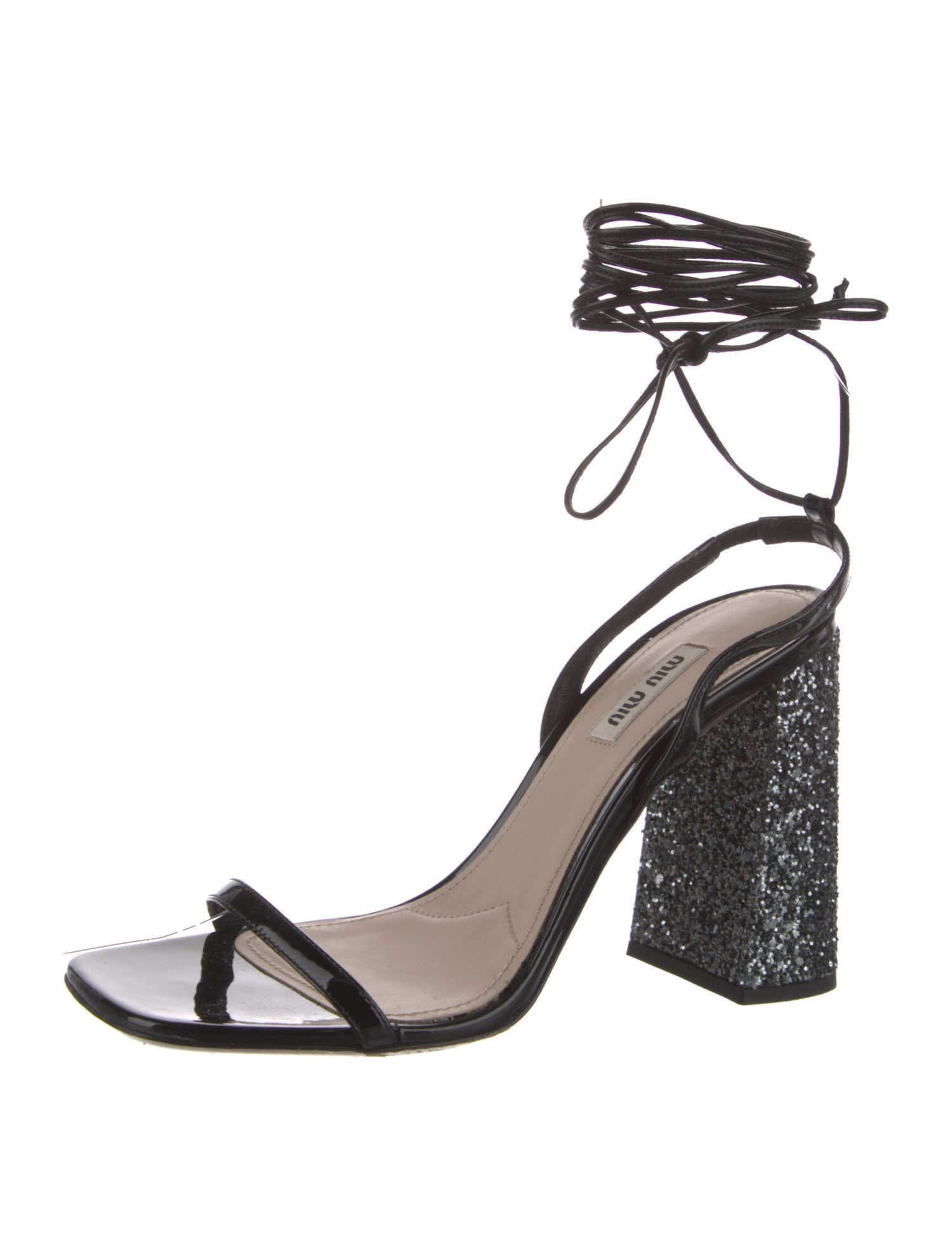 Miu Miu Patent Leather Crystal Embellishments Sandals