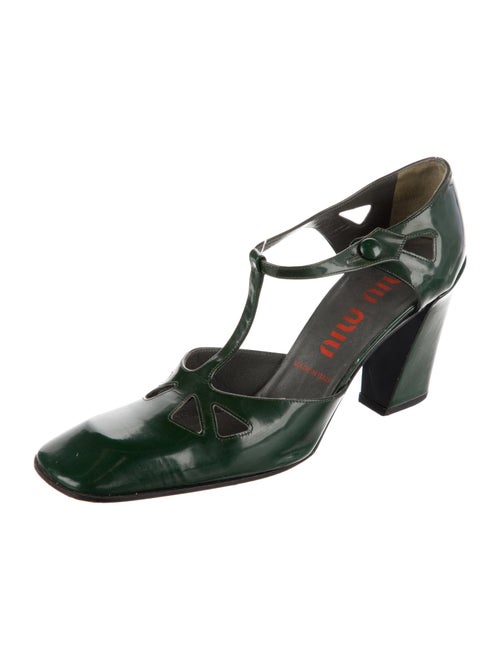 Miu Miu Patent Leather Cutout Accent T-Strap Pumps