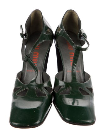 Miu Miu Patent Leather Cutout Accent T-Strap Pumps