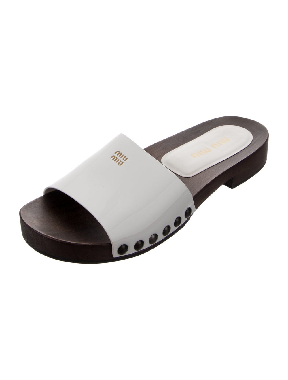 Miu Miu Patent Leather Slides White Studded Accen… - image 2