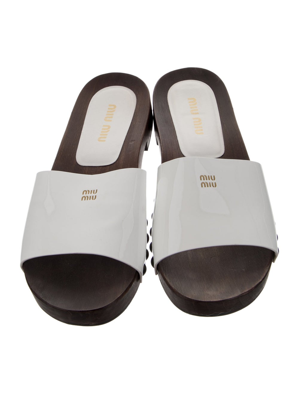 Miu Miu Patent Leather Slides White Studded Accen… - image 3