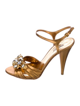 Miu Miu Leather Crystal Embellishments Slingback Sandals