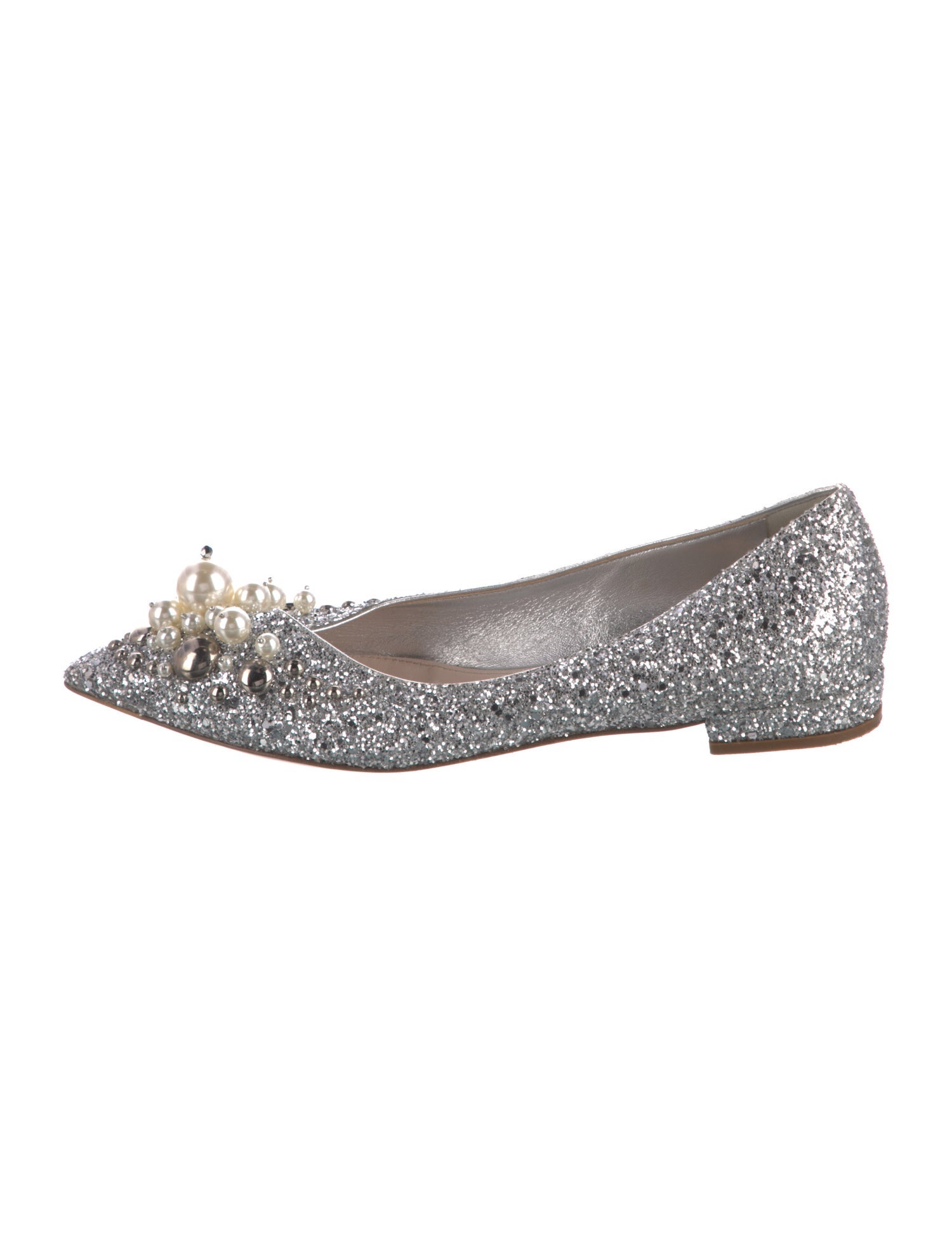 Miu Miu Faux Pearl Accents Glitter Ballet Flats