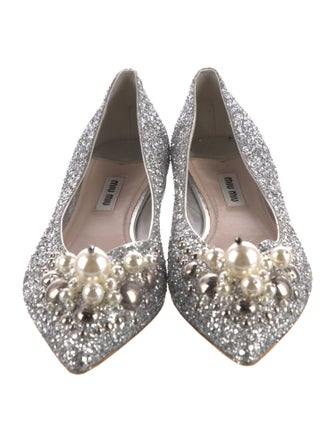 Miu Miu Faux Pearl Accents Glitter Ballet Flats