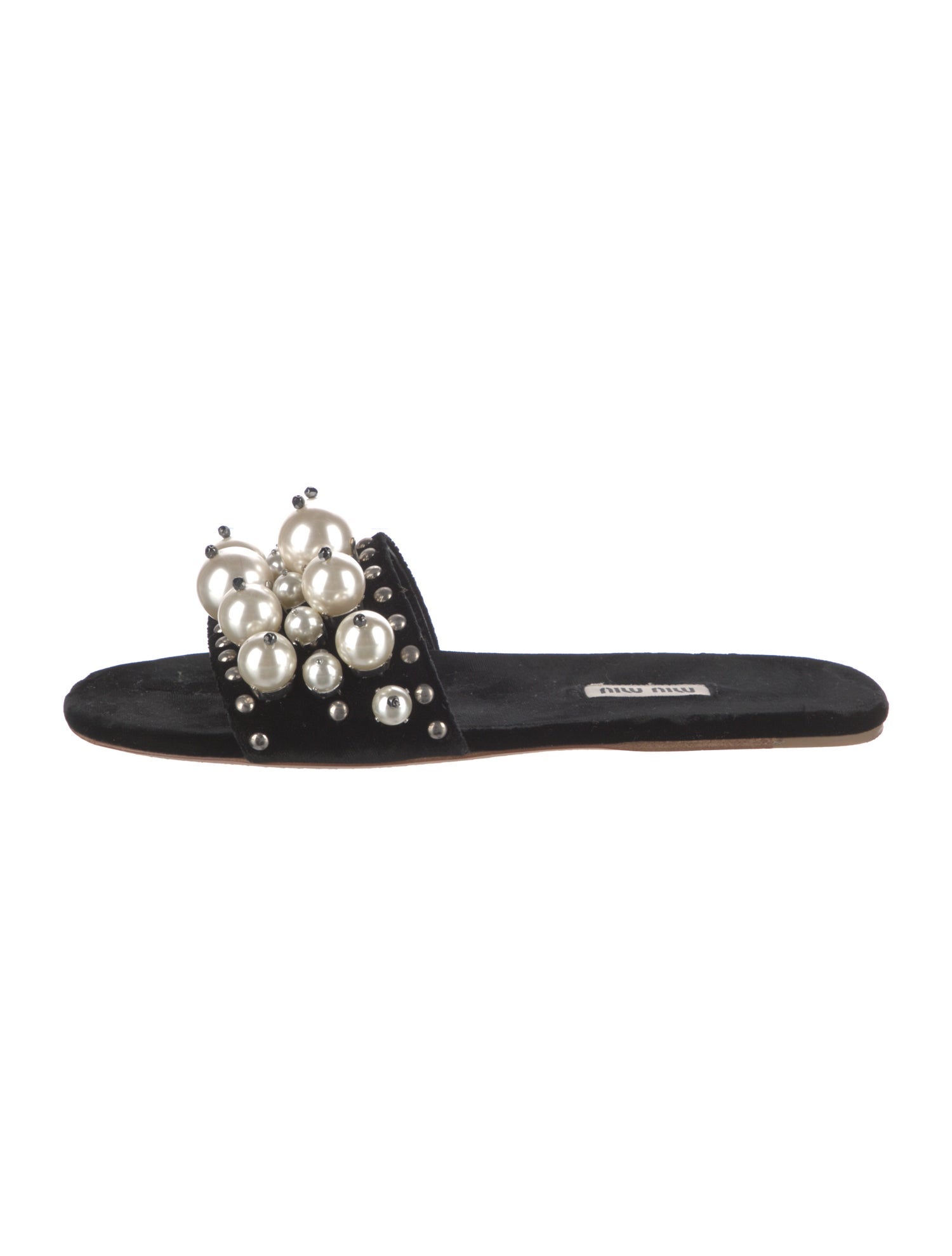Miu Miu Faux Pearl Accents Velvet Slides