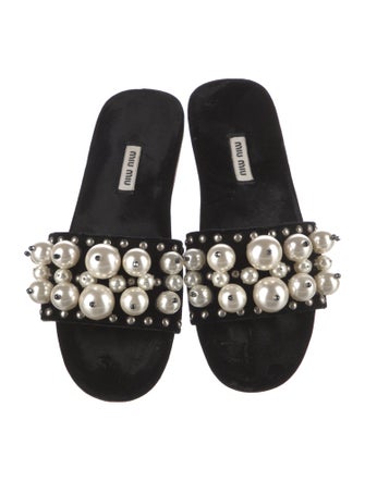 Miu Miu Faux Pearl Accents Velvet Slides