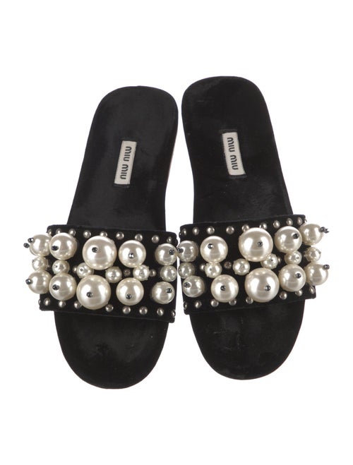 Miu Miu Faux Pearl Accents Velvet Slides