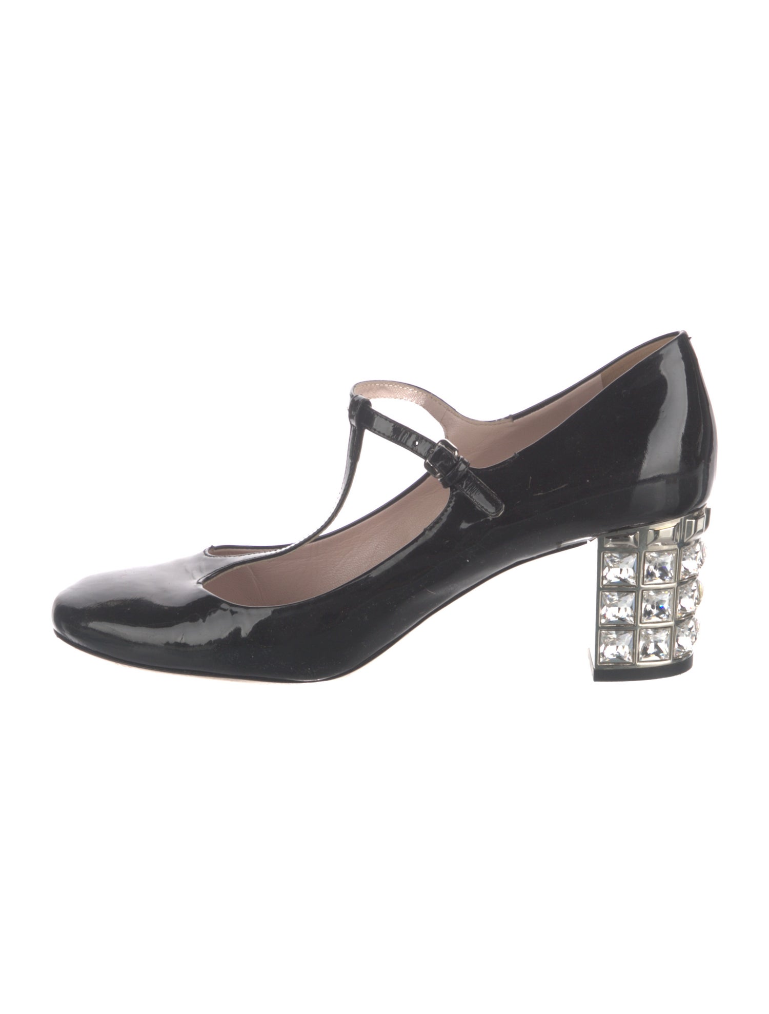 Miu Miu Patent Leather Crystal Embellishments T-Strap Pumps
