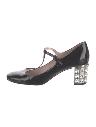 Miu Miu Patent Leather Crystal Embellishments T-Strap Pumps